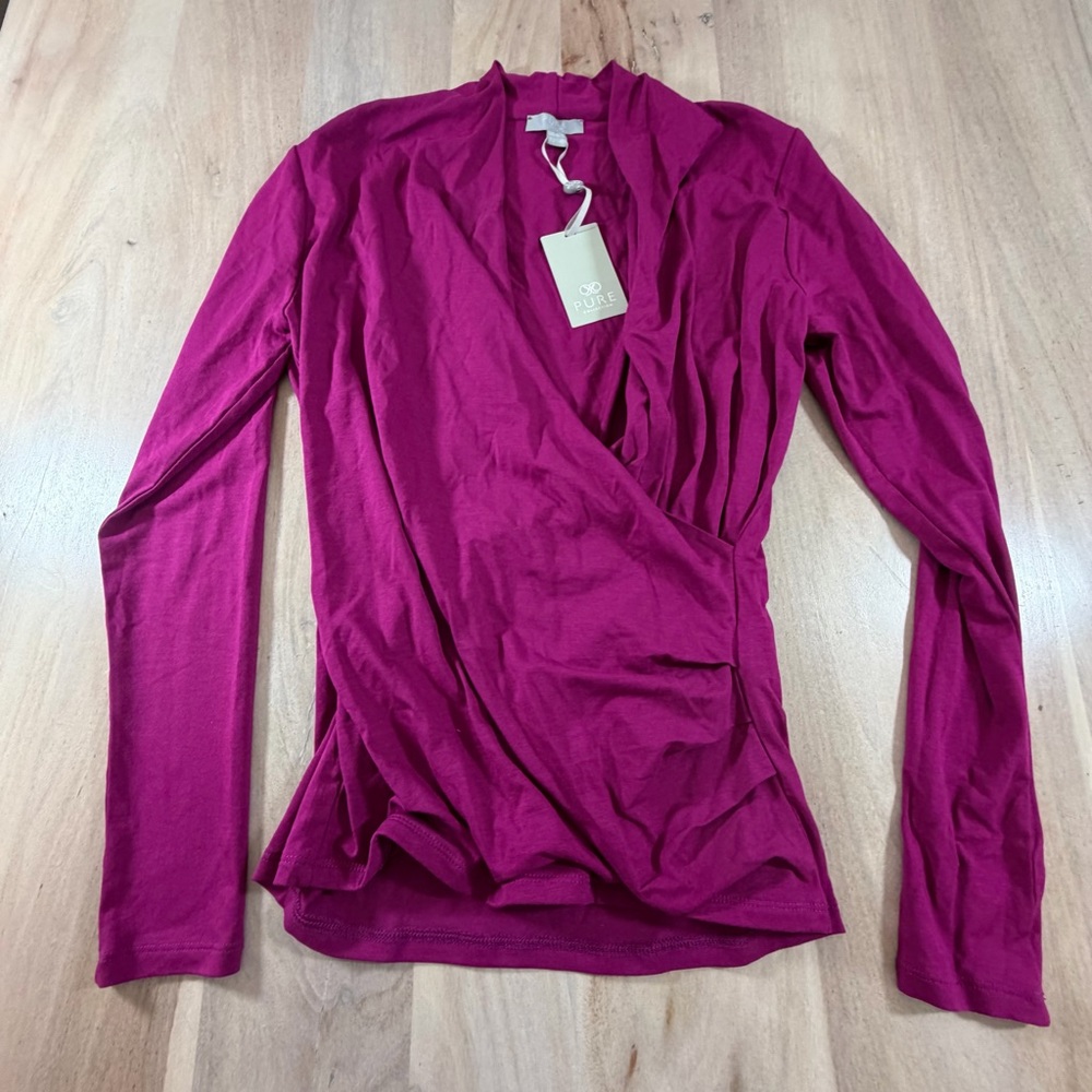 NEW Pure Collection Stretchy Ruched Side Magenta Longsleeve Blouse Size 8/10